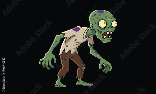 Creepy cartoon zombie character illustration, scary green undead monster with torn clothes, spooky horror design, Halloween walking dead vector artwork