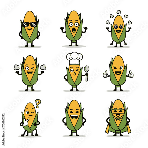 Corn Character Set Expressive Cartoon Corncobs with Various Poses and Accessories.