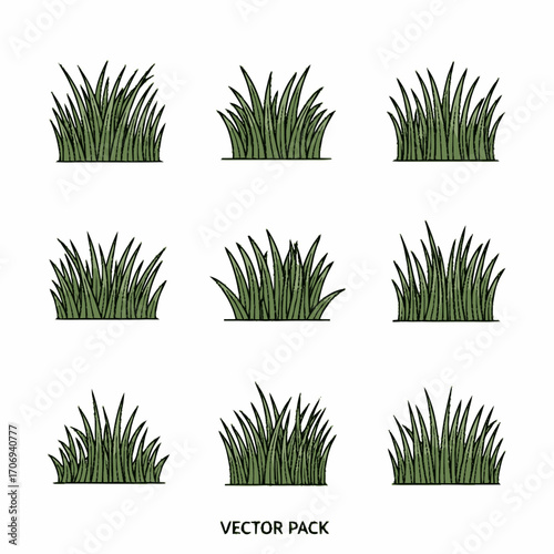 A collection of nine stylized grass tufts, each with varying shapes and densities, arranged in a grid on a white background.