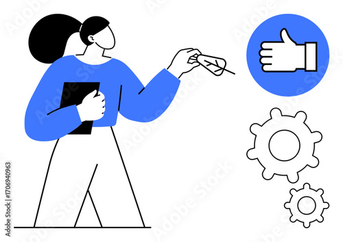 Woman in blue sweater holding tablet and pen gazing at approval hand icon with gears below. Ideal for teamwork, productivity, workflow, management, innovation, approval processes, simple landing page