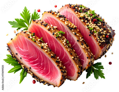 Firefly_Top-down view of a perfectly seared ahi tuna steak with sesame crust, sliced into thi