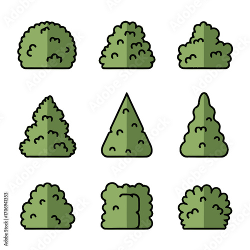 Cartoon Bushes and Trees Set with Black Outlines and Green Fill.