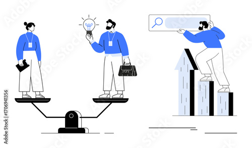 Wallpaper Mural Professionals balancing on a seesaw share a light bulb idea while another climbs bars with a search bar. Ideal for teamwork, leadership, decision-making, innovation, growth, equality, strategy Torontodigital.ca