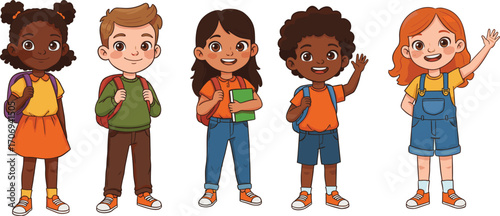Cute cartoon illustration of diverse happy school children with backpacks, smiling, learning, education, classroom friends, student group, childhood fun