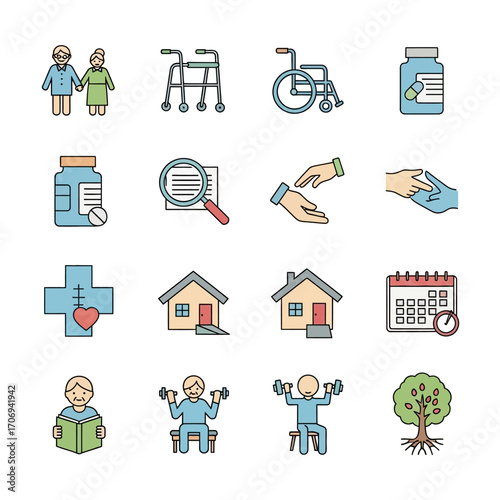 Elderly Care and Healthy Lifestyle Icons.