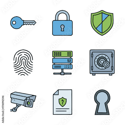 Security Icons Key Padlock Shield Fingerprint Server Safe Camera Document Keyhole.