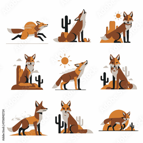 Collection of Stylized Foxes in Desert Landscapes Featuring Various Poses and Activities.