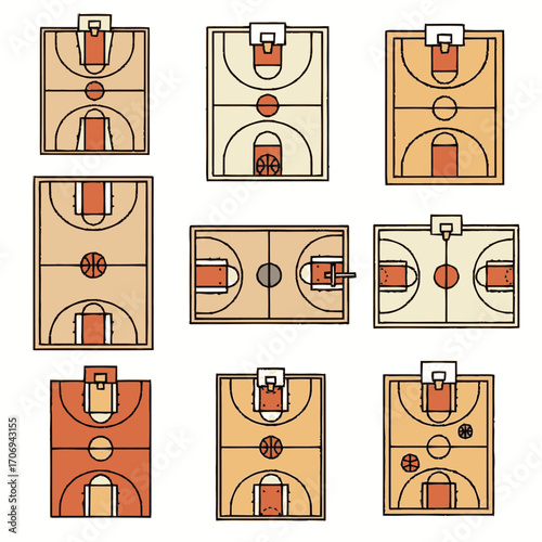 Nine Basketball Court Layouts with Different Color Palettes and Court Markings.