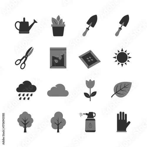 Gardening and planting tools and elements icon set.