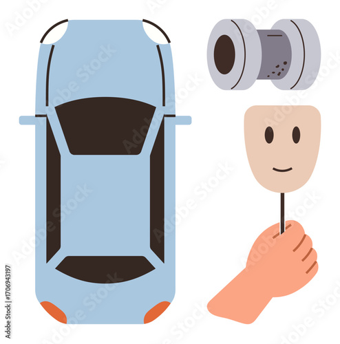 Top view car, surveillance camera, hand holding happy mask, representing privacy vs. monitoring. Ideal for technology, ethics, privacy surveillance anonymity AI society change. Minimalist flat