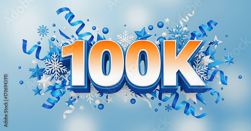 Festive 100k celebration a vibrant display of blue and white confetti, snowflakes, and ribbons, perfect for commemorating a milestone achievement