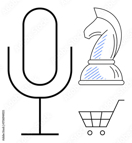 Microphone signifies communication, chess knight represents strategic thinking, and cart symbolizes commerce. Ideal for business, strategy, e-commerce, communication, innovation, teamwork