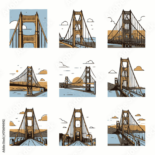 Golden Gate Bridge Illustrations Varied Perspectives of San Francisco Landmark.