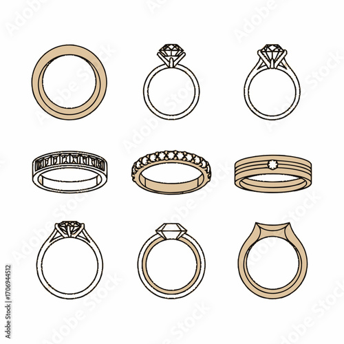 Assorted Rings Gold Bands and Diamond Solitaires Jewelry Collection.
