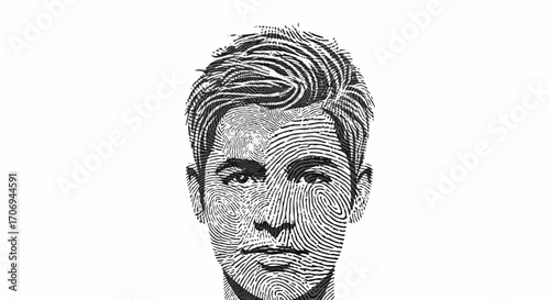 Close-up grayscale portrait of a man with intricate details resembling a fingerprint pattern.
