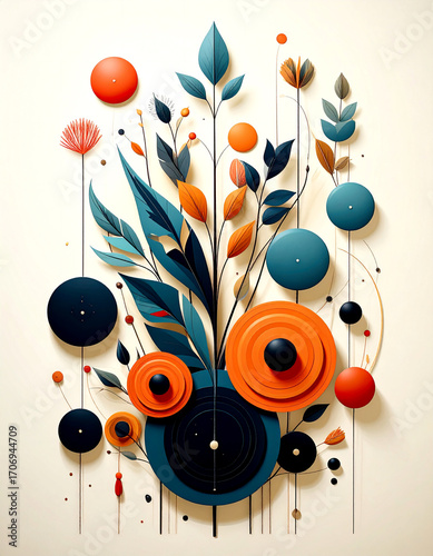 A beautiful vertical arrangement of abstract flowers and leaves, rendered in a modern digital art style with a striking color palette. Generative AI.
