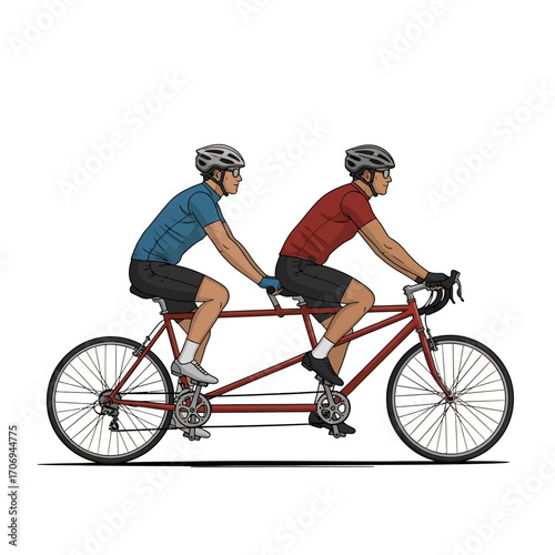 Two cyclists riding a tandem bicycle together, showcasing teamwork and outdoor activity.