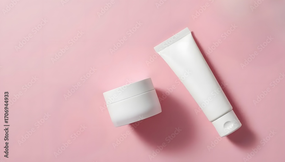 Fototapeta premium Minimalist white skincare products, cream jar and tube, elegantly arranged on soft pink background