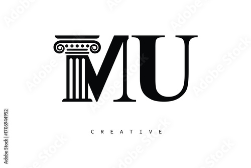 MU Law Prime Monogram Logo Design Classic Column & Legal Symbol