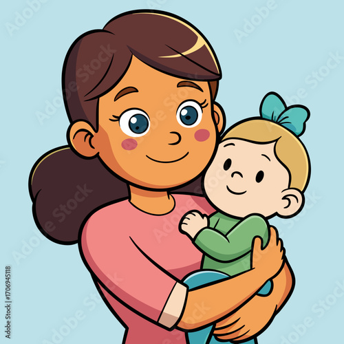 Cartoon mother holding baby illustration for parenting and motherhood themed designs and family content use