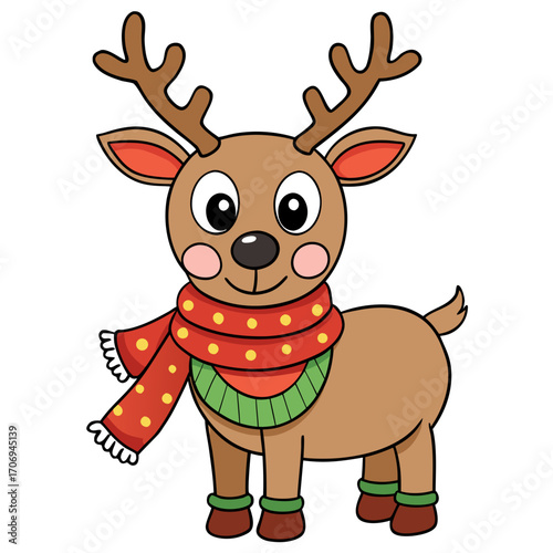 Cute cartoon christmas reindeer with scarf vector illustration for holiday season design and decoration