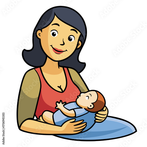 Illustration of mother holding baby for breastfeeding and childcare related design needs and projects use