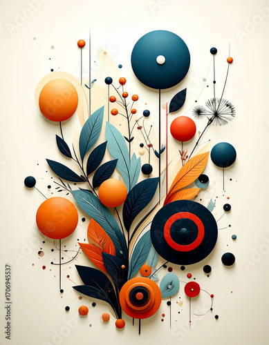 An elegant and airy abstract floral arrangement with thin lines, circles, and stylized leaves in a modern, clean style. Generative AI.
