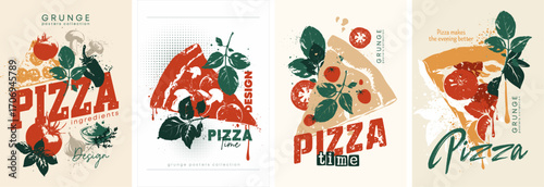 Stylish posters in silhouette and grunge style. Vector modern illustration on the theme of pizza and its ingredients
