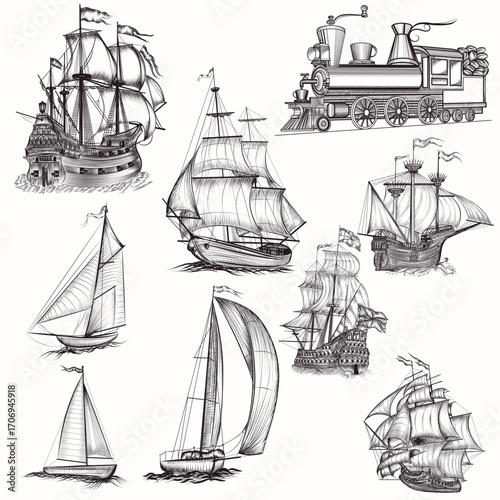 Huge collection of vector hand drawn high detailed ships and train