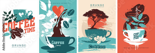 Stylish posters in silhouette and grunge style. Vector modern illustration on the theme of coffee