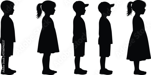 Silhouette of children standing in line, boy and girl in profile, kids wearing dress and cap, education, family, childhood illustration