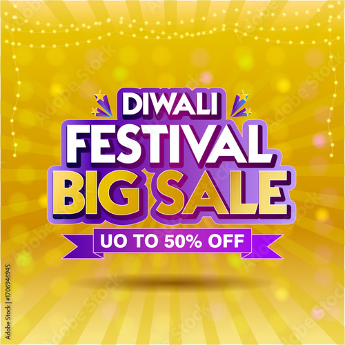 Vector illustration of Diwali festival big sale poster featuring bright golden background, glowing decorative lights, and bold typography for seasonal shopping discounts. Ideal for online promotions, 