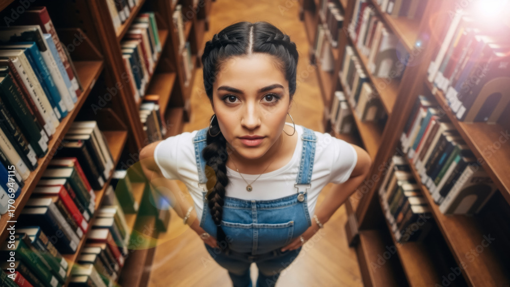 Fototapeta premium Confident young student looking up from a library aisle. High-angle portrait surrounded by bookshelves. Education and knowledge concept.
