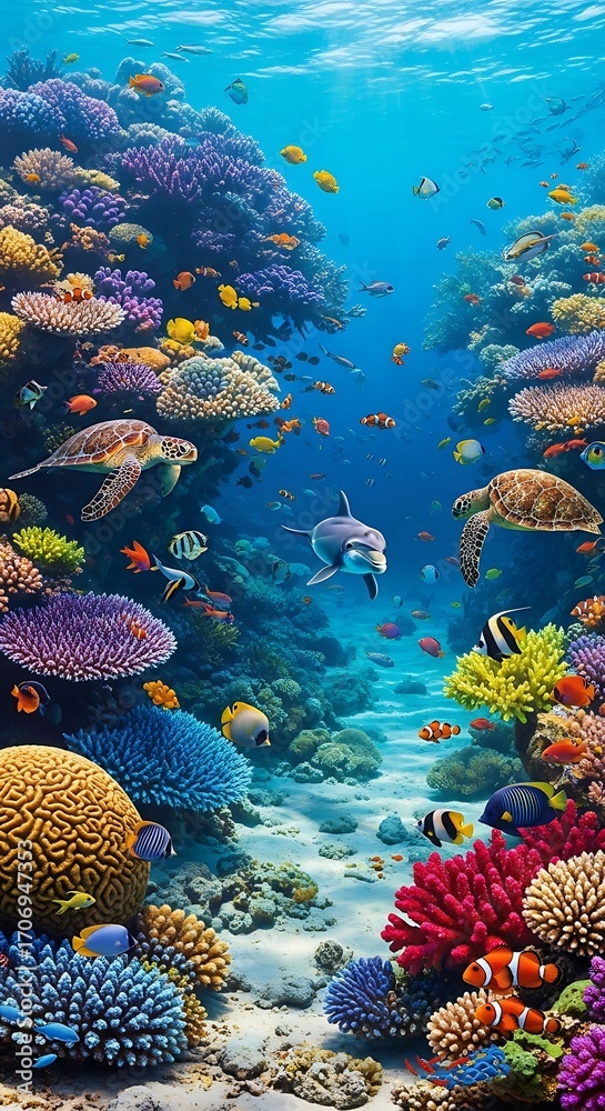 Naklejka premium A vibrant underwater scene showcases a colorful coral reef teeming with diverse marine life, including fish, turtles, and a dolphin.