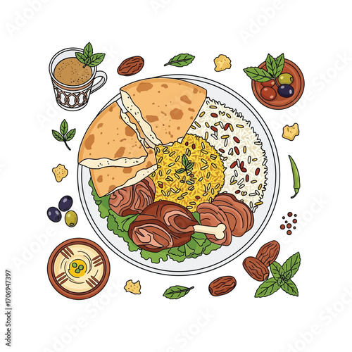 Detailed illustration of a traditional Middle Eastern dinner platter, featuring savory meat, spiced rice, pita bread, hummus, and olives, highlighting a rich culinary experience