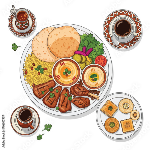 Illustrated top view of a traditional Arabic feast with a mezze platter, grilled kofta, chicken, hummus, and pita bread