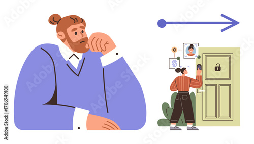 Thoughtful man resting on hand while a woman interacts with a digital smart lock on a door. Ideal for technology, security, innovation, access control, smart homes, digital identity, decision-making