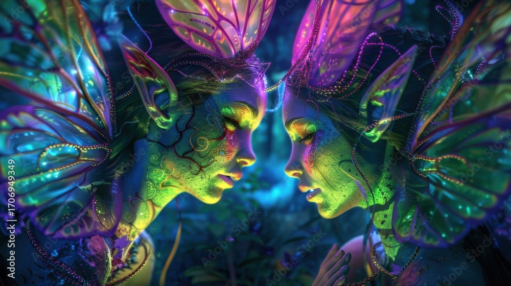 Obraz premium A neon lit fairy with vibrant, abstract wings glows in the depths of a darkened space. Her body and wings shimmer with energetic neon light patterns.