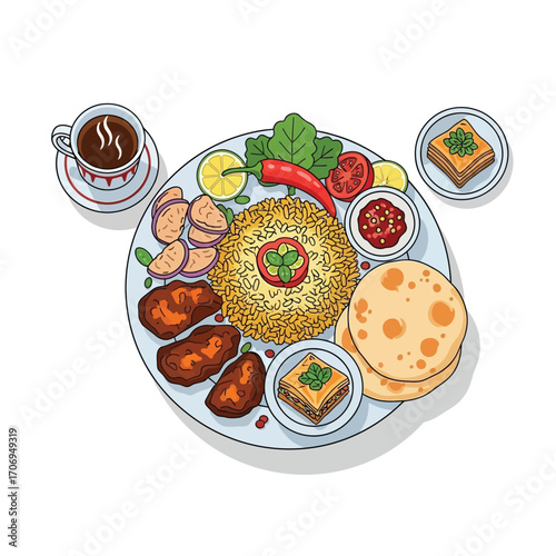 Delicious Middle Eastern Feast Platter Illustration. Spiced rice, grilled meats, vegetables, flatbread, sweet pastries, coffee. Hand-drawn style