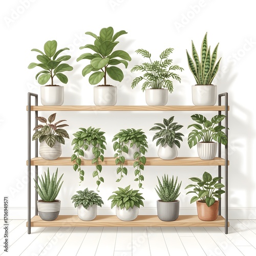 Modern Indoor Plant Shelf with Varied Green Houseplants in White Pots on Wooden Rack