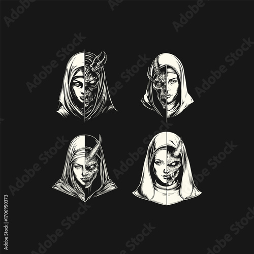 A set of four vintage engraving illustrations showing a woman's face in a veil or hood, half-transformed into a demonic skull or devil with horns. Concept of duality, inner evil, and dark fantasy art