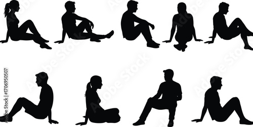 Silhouette people sitting on ground, relaxing poses, men and women in casual sitting positions, black shadow figures isolated on white
