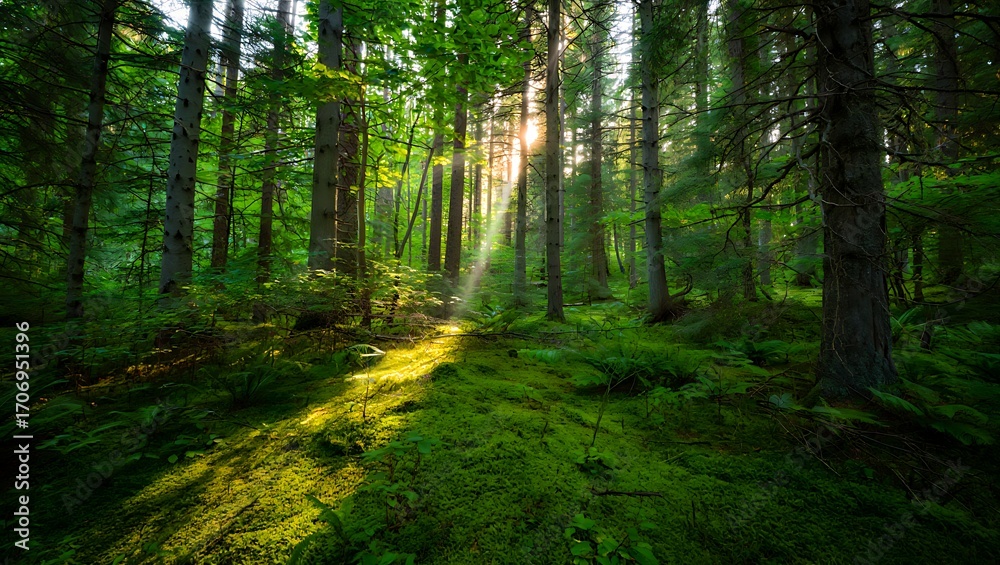 Fototapeta premium Sunlight Streaming Through Green Forest Landscape Photography