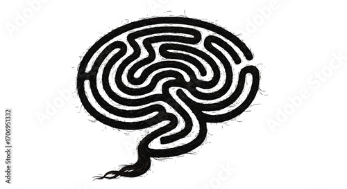 Complex brain-shaped labyrinth design, intricate winding paths, symbolic of mental processes and complexity.