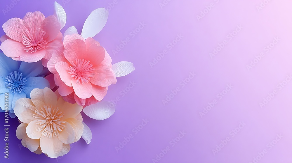Fototapeta premium Pastel Paper Flowers on Purple Gradient Background