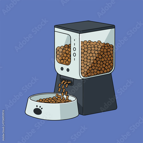 Cartoon illustration of an automatic pet feeder pouring dog food into a white bowl with a paw print, set against a blue background.