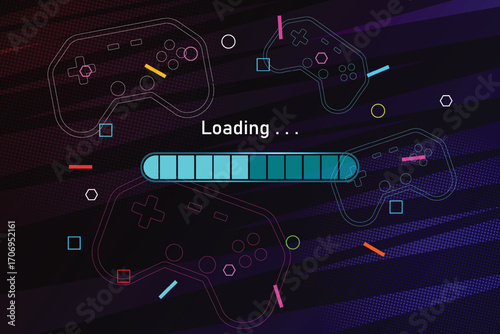 LOADING bar. pixel art .8 bit. retro game. for game assets in vector illustrations. Retro Futurism Sci-Fi Background. glowing neon grid and star from vintage arcade computer game.