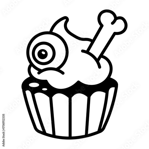 A drawing style icon showing a spooky cupcake 
