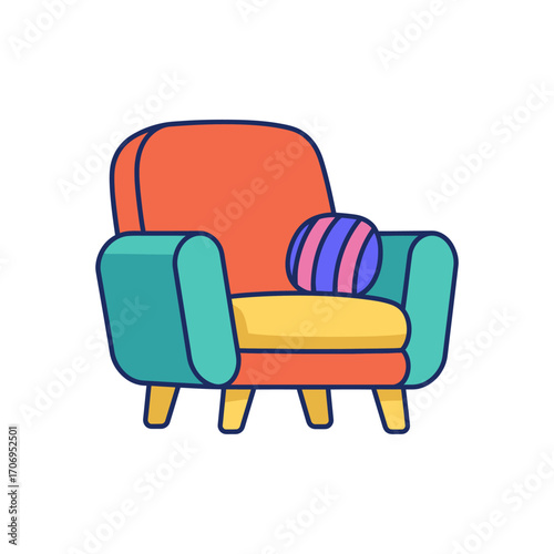 Colorful Armchair with Striped Pillow.