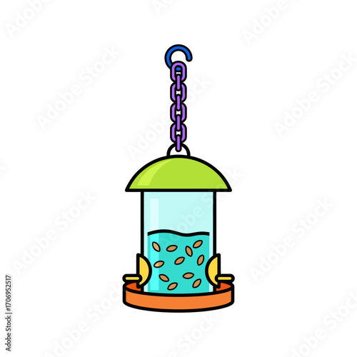 Colorful bird feeder hanging from chain, filled with seeds, perfect for attracting birds to backyard gardens.